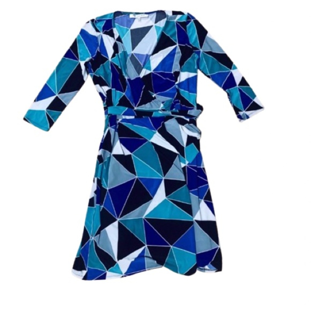 Evan Picone Blue Geometric Long Sleeve Wrap Dress